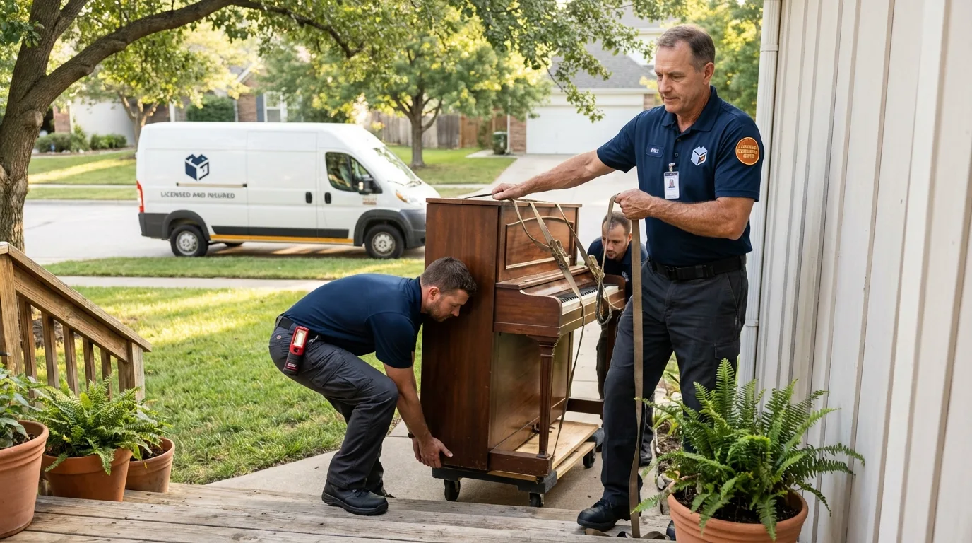 Licensed piano movers securing grand piano in Philadelphia, NY