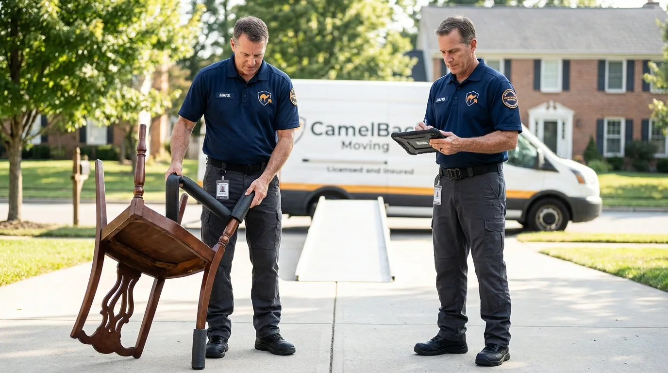 Movers inspecting furniture for damage prevention before loading in Philadelphia, NY