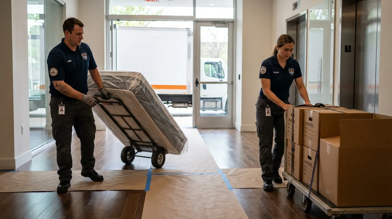 Professional apartment movers loading elevator in Philadelphia, NY