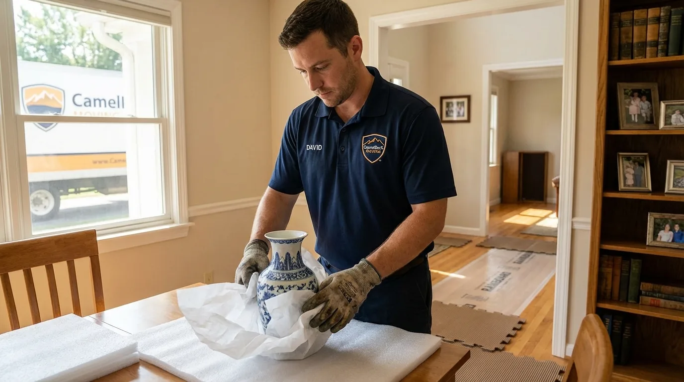Professional crew carefully wrapping antique vase for senior downsizing move in Philadelphia, NY